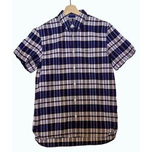Lacoste Shirt Men’s Sm Short Sleeve Button Up Blue Plaid Logo Pocket Regular Fit